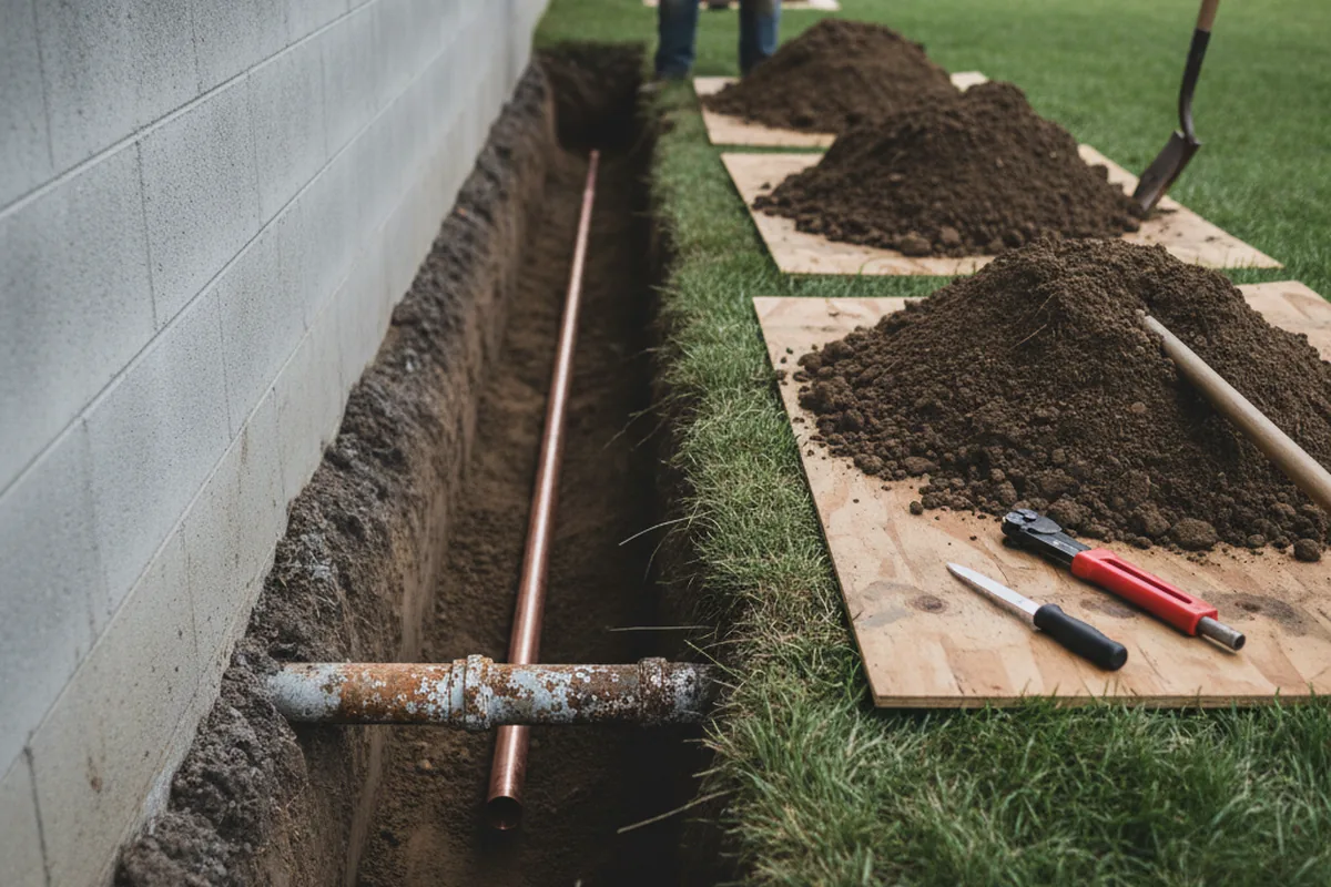 Excavated water line trench during Sewer Line Repair in David